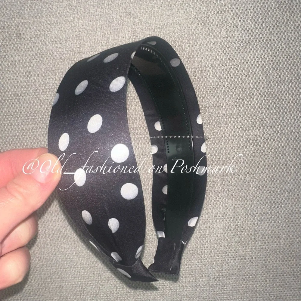 ANTHRO Wide Satin Headband - Black and White Polka Dot